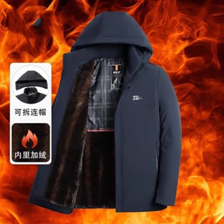 男士棉服外套日系印花大尺碼鋪棉刷毛加厚可拆卸連帽派克服外套中老年爸爸裝羽絨棉衣棉襖