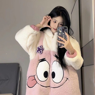 可愛派大星珊瑚絨睡衣女加絨加厚冬季新款毛絨連體睡衣家居服睡袍