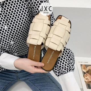 JINxCHOY SHOES 時尚編織PU皮革材質透氣舒適休閒穆勒平底懶人鞋 休閒鞋Y2K百搭學生半拖鞋 度假沙灘鞋女鞋