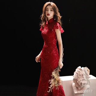 [生活精選]敬酒服新娘新款中式紅色旂袍結婚晚禮服裙女緊身魚尾長款宴會晚禮服洋裝