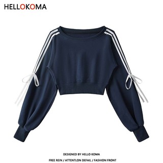 🍒美肩Gril HELLO KOMA 美式綁帶蝴蝶結袖子衛衣女秋冬圓領寬鬆百搭短款上衣 斜肩衛衣 大學T 衛衣