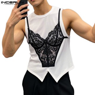 INCERUN 男士印花模擬蕾絲街頭時尚背心