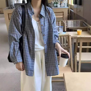 韓系長袖格子襯衫女 中長款襯衫 早秋慵懶風 寬鬆外搭 學院風休閒上衣 格子防曬開衫 女生襯衣 襯衫外套 百搭學生襯衫
