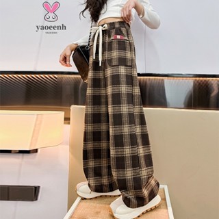 【YAOEENH】120-170CM 秋冬款女童休閒刷毛寬褲 中大童韓版高腰格子直筒褲 現貨 快速出貨