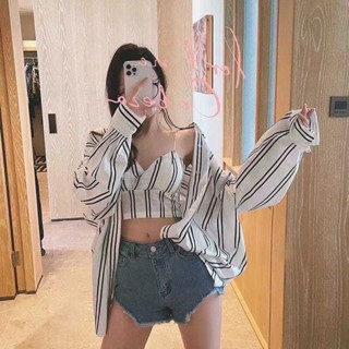 中長款條紋襯衫吊帶套裝長袖秋季寬鬆顯瘦大碼襯衣外穿新款上衣