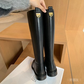 全真皮~小眾高階感厚底真皮長筒靴女側拉鍊平底長靴高筒靴騎士靴 ANOM