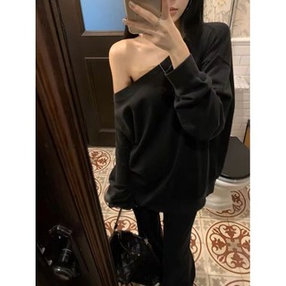 🍒美肩Gril 高級感斜肩一字領衛衣女純棉春秋款洋氣外穿chic慵懶風上衣ins潮 斜肩衛衣 大學T 衛衣