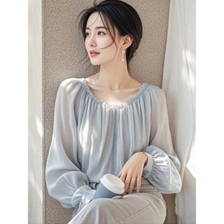 2024年早秋新款法式絶美上衣氣質高階感藍色超好看長袖襯衫女