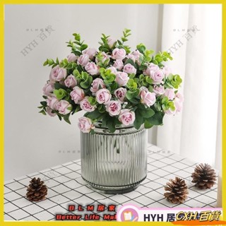 人造花 5叉尤加利玫瑰 模擬假絲花束 田園小清新婚禮裝飾假花 拍照道具花束 絹花 永生花束玫瑰花CXH07