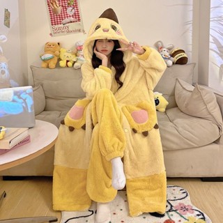 可愛小奶龍睡袍 加厚珊瑚絨睡袍 秋冬加絨保暖睡衣 卡通休閒家居服套裝 可外穿 睡袍 睡褲 女生睡衣 大碼睡袍