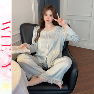 🌸WIE' Y🌸「兩件式睡衣」長袖睡衣套裝 精美時尚 性感V領 網紗 多色 蕾絲邊 家居服 甜美 優雅 套裝睡衣