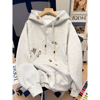 冬天外套 鴨絨外套 絨毛外套 韓版卡通刺繡連帽大學T女春秋冬刷毛加厚寬鬆慵懶風高級感灰色外套