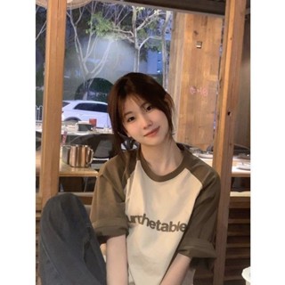 【砂糖夢境】復古插肩短袖女t恤夏季美式字母印花潮牌大碼情侶撞色拼接上衣ins