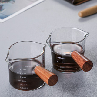 【咖啡配件系列】木柄意式濃縮咖啡萃取杯玻璃帶刻度盎司杯小奶shot接液量杯不鏽鋼