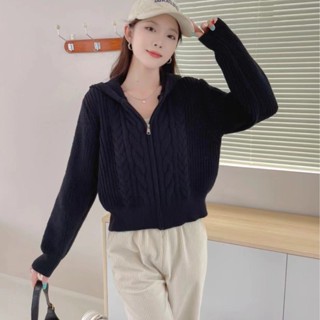 【HOT 本舖】 韓國chic拉鏈連帽針織開衫女新款設計感小眾短款上衣外套