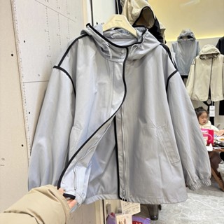 FXDAZI!短款薄外套撞色連帽休閒外套女2025春季新款韓版洋氣工裝風衣寬鬆百搭上衣個性