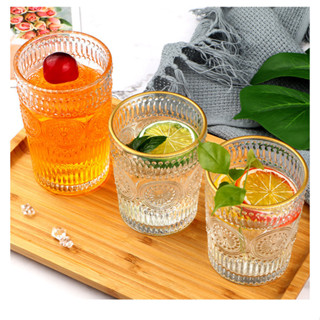 【現貨促銷】杯子 玻璃杯 北歐複古太陽花玻璃杯 ins風浮鵰玻璃杯 網紅高顔值咖啡杯 伴手禮杯 複古浮鵰杯 水杯 茶杯