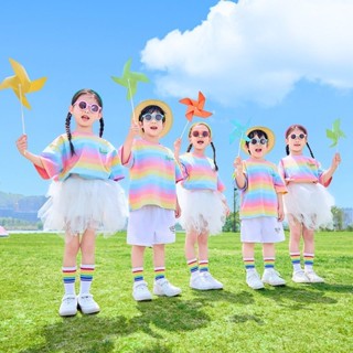 六一表演服兒童啦啦隊小學生舞蹈合唱表演服裝幼兒園朗誦彩虹套裝4.21