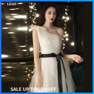 小禮服僊係森係輕婚紗白色晚禮服2024新款高階感法式伴娘服輕奢小眾聲樂藝考單肩連衣裙