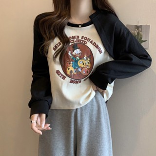 實拍大碼甜美拚接卡通印花T恤女秋季新款衛衣寬鬆長袖上衣