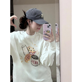 【Aonu】韓係ins白色100%純棉長袖T恤女早秋新款顯瘦慵懶風設計感印花上衣