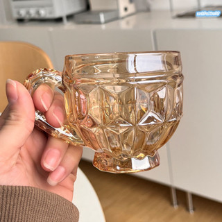 【臺灣出貨】法式琥珀色浮雕玻璃杯復古帶把ins風小水杯咖啡杯奶茶杯飲料杯子