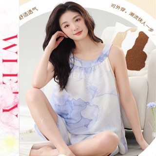 🌸WIE' Y🌸「夏季吊帶睡衣」帶胸墊睡衣 韓國家居服 可外穿大碼純棉可愛背心睡衣 背心短褲套裝 夏天睡衣 兩件式家居服