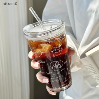 Attact 450ml 大容量數學公式圖案透明玻璃杯帶蓋吸管牛奶果汁咖啡杯 TW