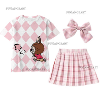 Terno for Kids 女孩粉色格子百褶裙帶領結公主拉布 T 恤女孩 Jk 制服生日禮服角色扮演派對服裝兒童服裝
