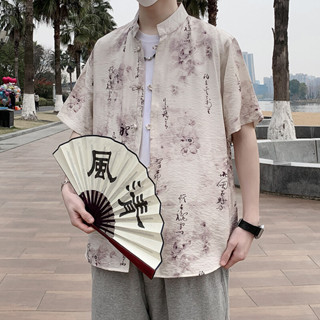 男士棉麻短袖襯衫民族風時尚復古印花亞麻短袖襯衫日系ins透氣排汗唐裝漢服太極服茶服禪服居士服新品