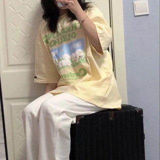 愛依依 套裝 短袖上衣 寬褲 直筒褲S-2XL新款鹽系奶黃短袖T恤+休閒寬鬆闊腿褲兩件套-2768.