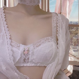 純慾風內衣少女日系蕾絲小胸顯大無鋼圈薄款套裝透氣文胸3D立體剪裁初戀感純白玫瑰文胸