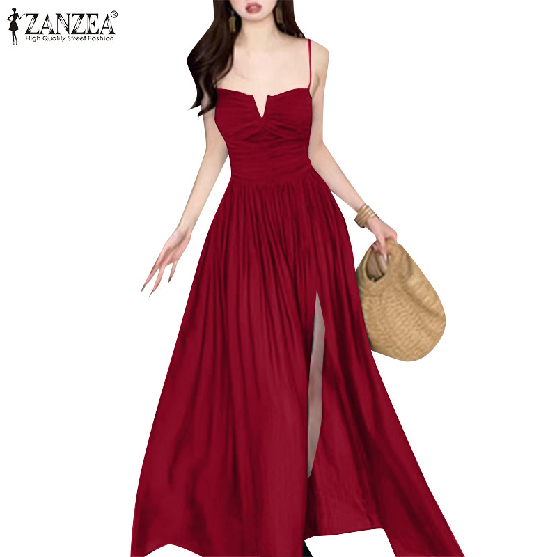 ZANZEA 女式韓國假日派對 V 領無袖開衩設計長款吊帶連衣裙 Presale
