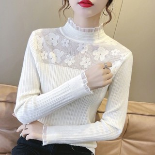 💖臺灣出貨💖 新款花朵蕾絲上衣女 春秋女裝 2024年新款洋氣百搭長袖針織衫 套頭毛衣 內搭針織打底衫 長袖針織上衣