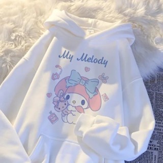 Sweet Wind Melody卡通印花連帽衫秋季百搭女大碼寬鬆休閒長袖上衣情侶