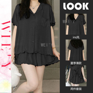 🌸WIE' Y🌸「韓國家居服」兩件式睡衣 夏季ins風薄款翻領寬鬆短袖居家服 女生睡衣 夏天睡衣 襯衫睡衣 夏天睡衣