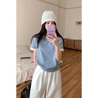 【HOT 本舖】 2025韓系簡約ins感撞色條紋修身設計圓領短袖T恤女上衣