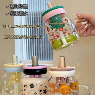 現貨~耐高溫玻璃杯 可愛水杯 防漏把手馬克杯 800ML 透明吸管杯 吸管水杯 附吸管高顏值泡花茶神器 水瓶