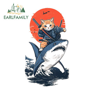 EARLFAMILY武士貓帶鯊魚車貼創意摩托車窗戶滑板旅行箱遮擋劃痕貼花個性車用品
