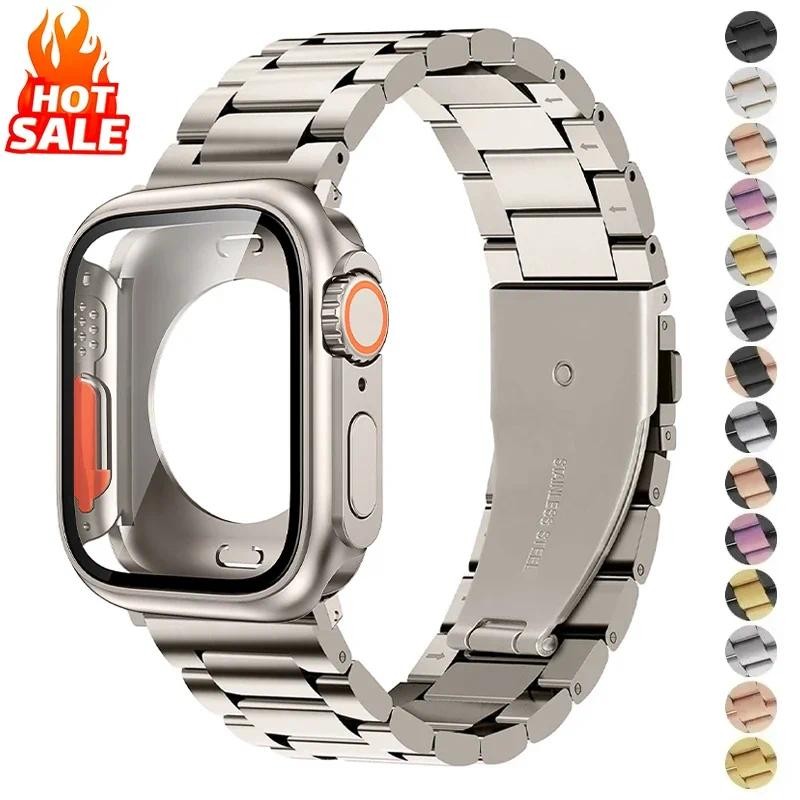 全保護殼+不銹鋼金屬錶帶兼容 Apple Watch 46mm 42mm 45mm 44mm 40/41mm 系列 10