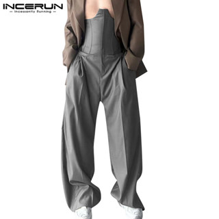Incerun 男士復古個性解構腰帶設計長褲
