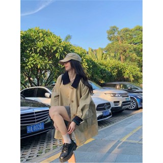 實拍實價~大碼淺卡其風衣女2024春秋拚接撞色百搭寬鬆休閒外套潮