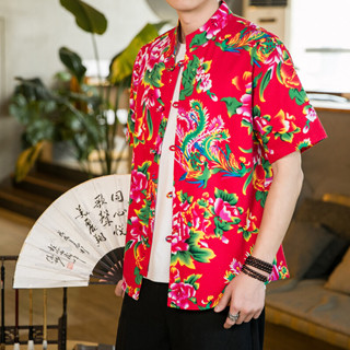 男士短袖襯衫民族風時尚日系印花透氣排汗夏威夷海灘花襯衫中老年爸爸裝襯衫男上衣潮