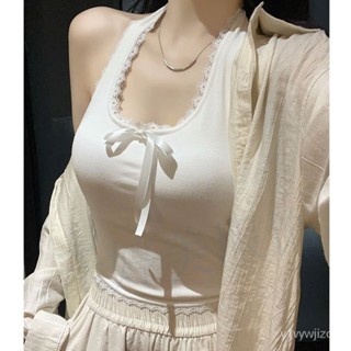 免運 臺灣出貨 ins純慾辣妹花邊蕾絲蝴蝶結掛脖弔帶背心夏季帶胸墊美背打底上衣限時下殺