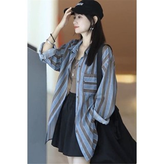 襯衫女【2216人收藏】條紋襯衫女長袖夏季韓版拼色poLo領休閒百搭薄款防曬外套襯衫上衣