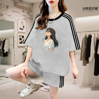 夏季新品 韓版運動套裝大尺碼短袖+五分褲卡通印花韓版上衣oversize短袖T恤休閒上衣居家短袖時尚套裝YM34