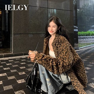 IELGY 豹紋長袖襯衫女寬鬆中長高檔上衣