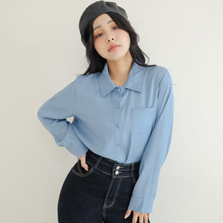 【PolyLulu】 率性女友基礎百搭仿牛仔長袖襯衫 中大尺碼上衣 淺藍色