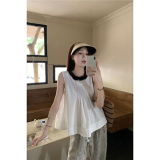 {全網最低價} 嚴選法式溫柔風設計感拼色木耳邊圓領無袖上衣女裝2024年新款白色襯衫創新
