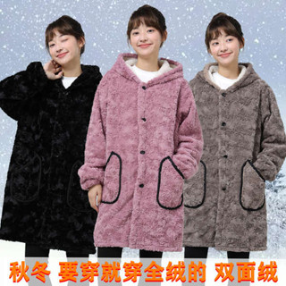 搖粒絨外套 冬天外套 珊瑚絨外套 全絨罩衣女時尚刷毛外套秋冬大褂法蘭絨家居服外穿男工作長袖圍裙